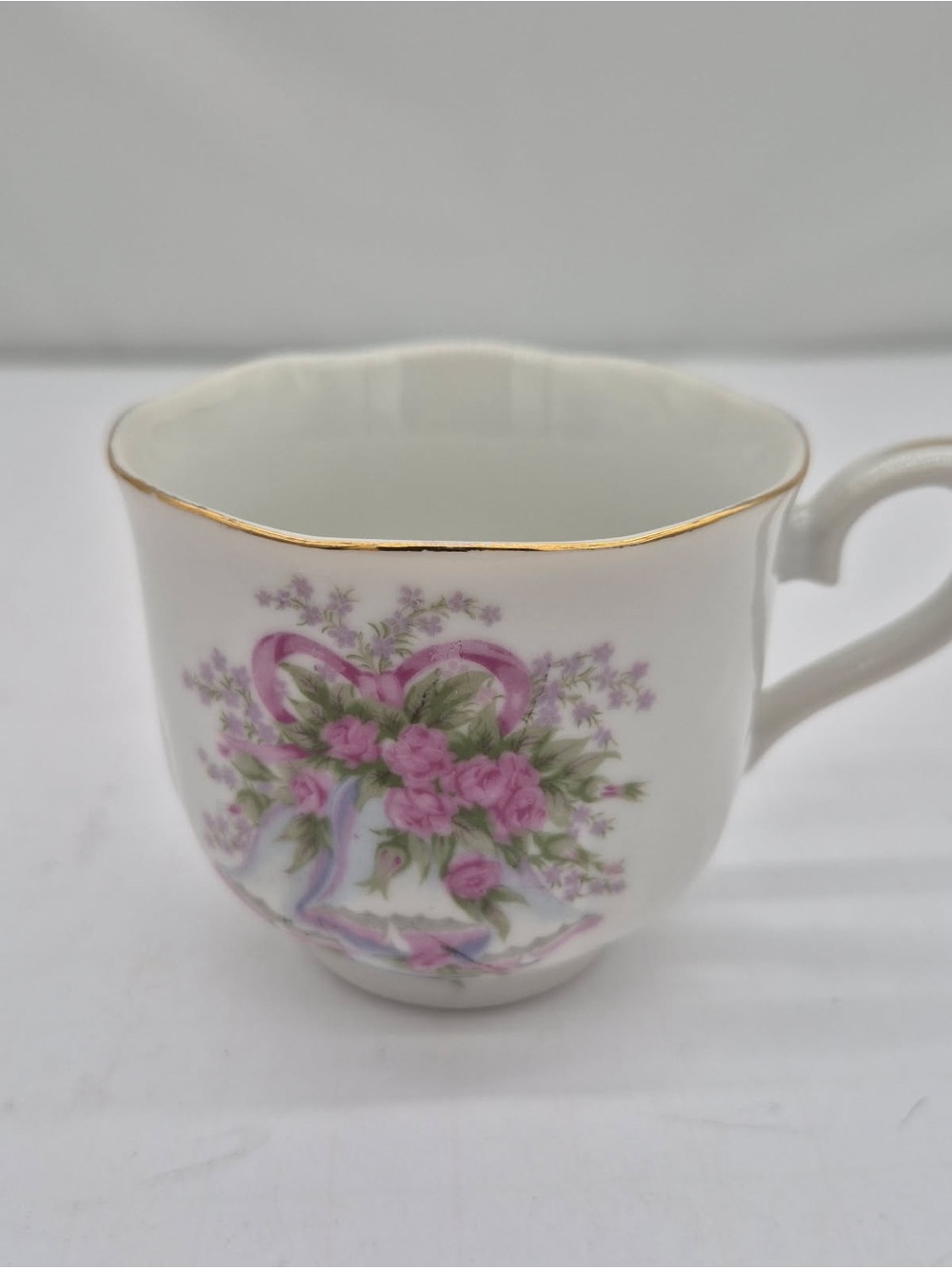 Vtg UCAGCO Ceramic Teacup Pink Rose Ribbon Gold Trim Japan 1950s Foil Label